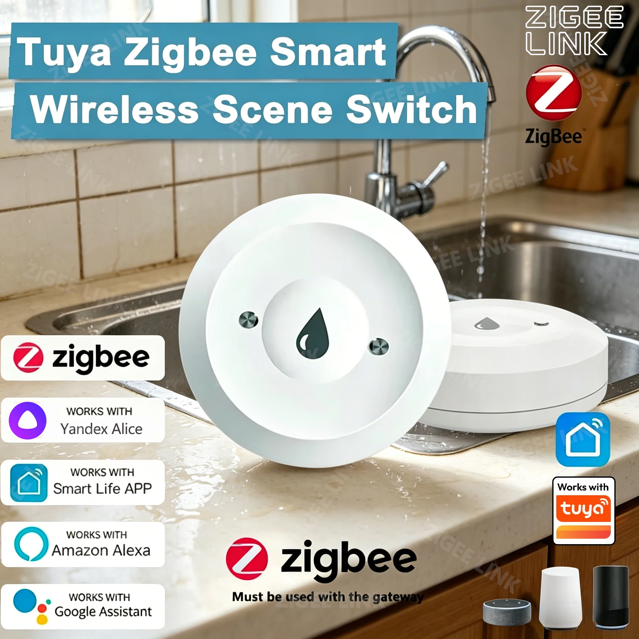 Zigbee Immersion Water Leak Detector Flood Overflow Security Alarm Sensor APP Real-Time Data Alert Indoor Water Safety Accessory