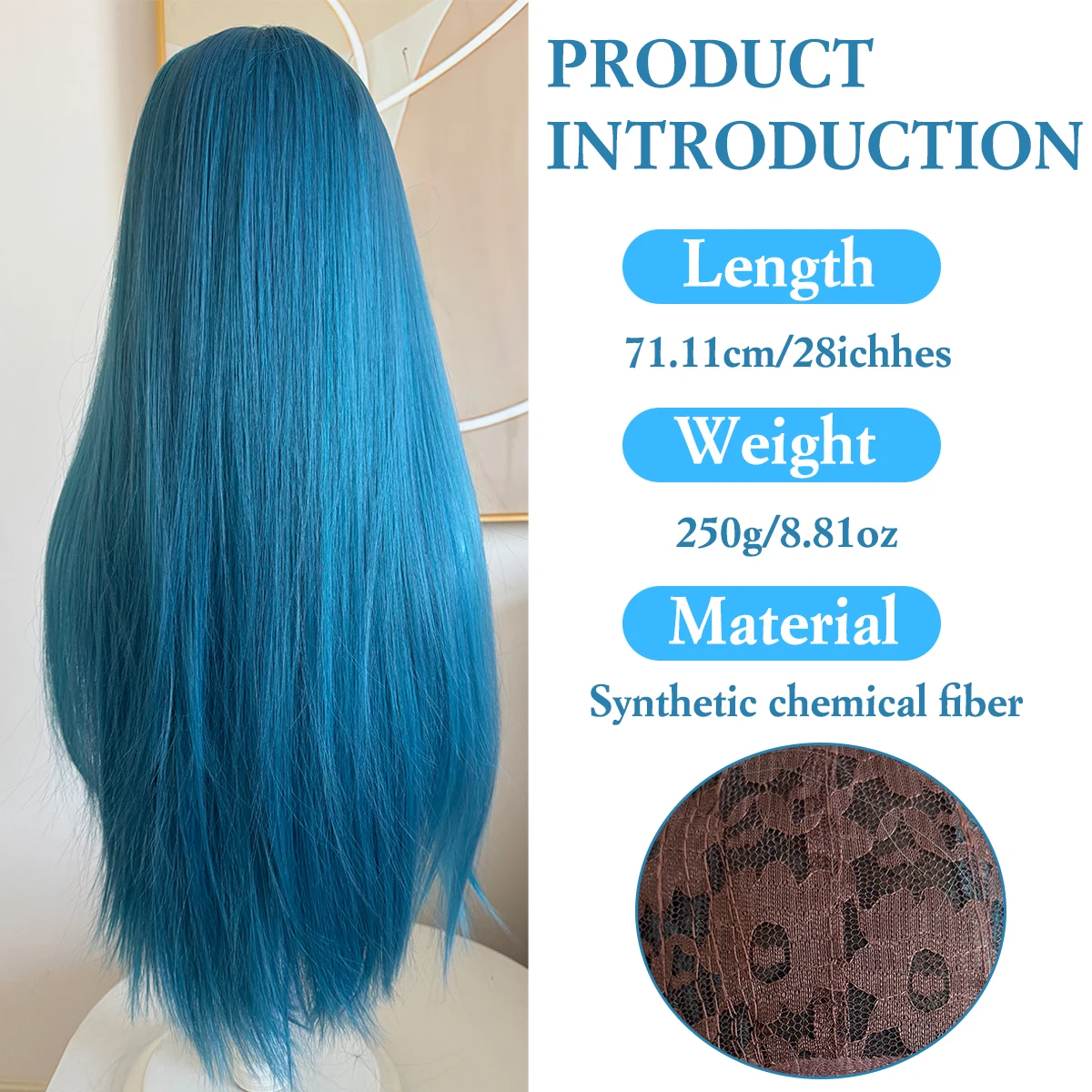 Synthetic lake blue long straight hair wig women's eight-character bangs natural curly heat-resistant wig