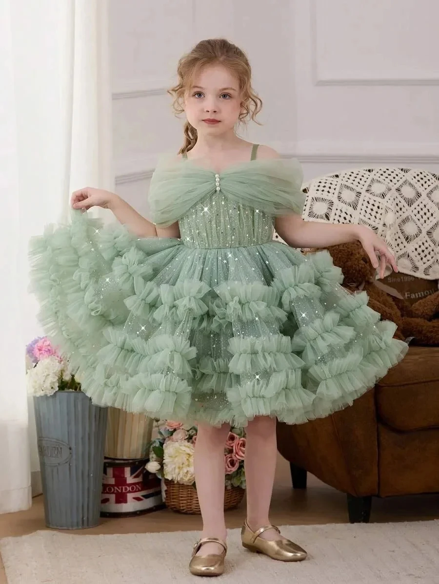 Customized Green Flower Girl Dress For Wedding Tiered Short Sleeve Knee Length Elegant Kids Birthday First Communion Gown