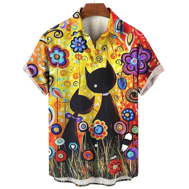 Hawaiian Shirts New Cartoon Anime Cat Pattern Print Short Sleeve Buttons T-shirt 2024 y2k Tops Summer Casual Womens Blouse Tees