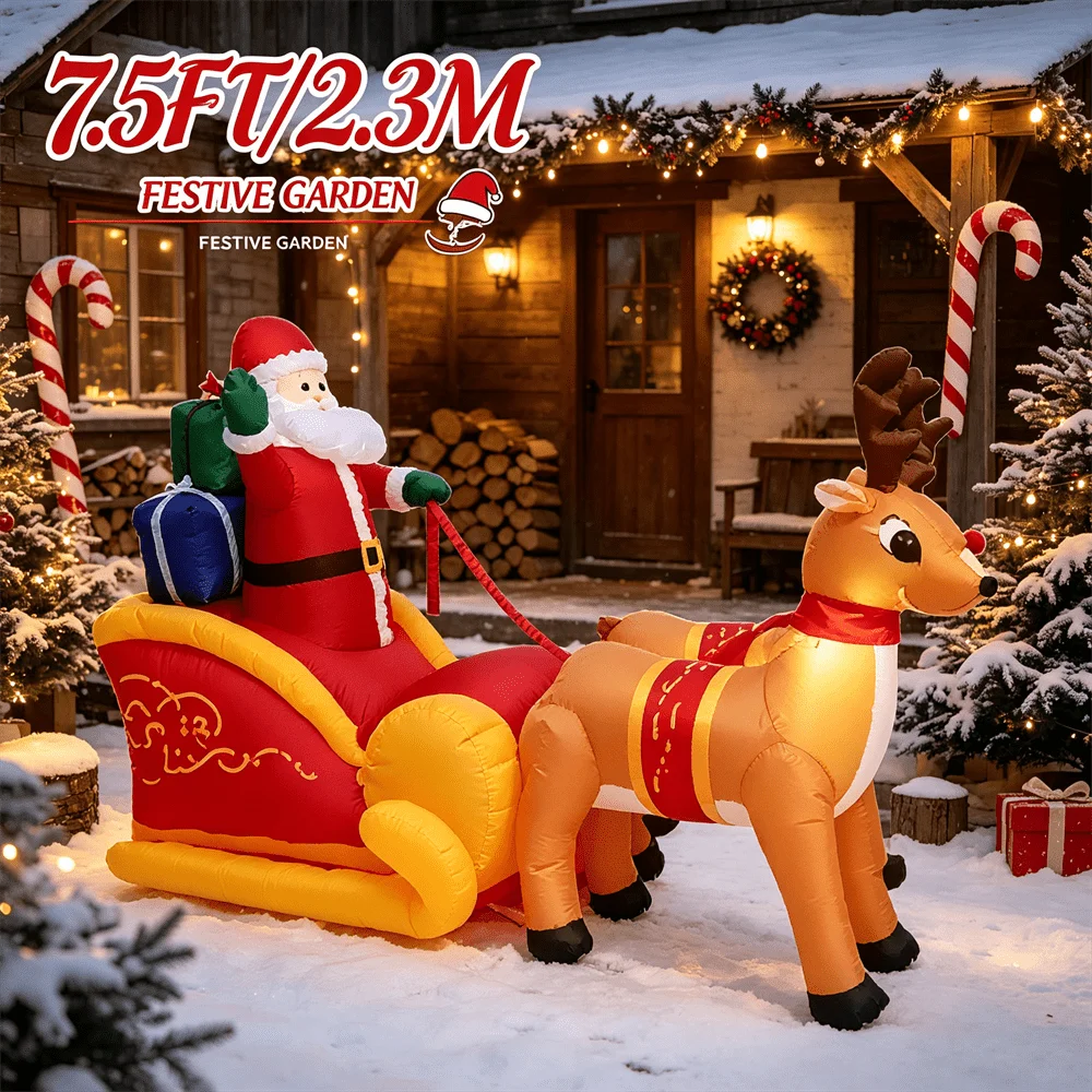 7.5FT Santa Sleigh Single Reindeer Inflatable Toy Model Build-in LED Light Blow Up Outdoor Christmas Holiday Yard Decoration