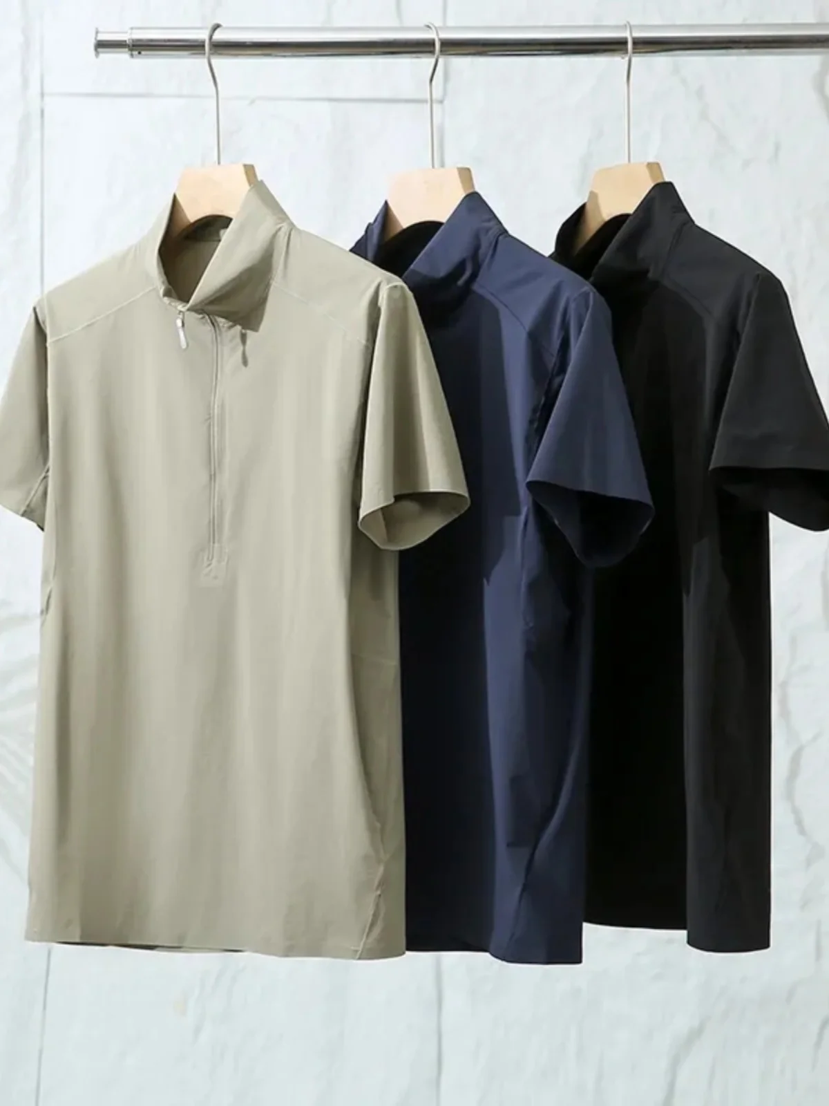 

Летняя мужская повседневная свободная футболка с воротником-стойкой на молнии, быстросохнущая, легкая, дышащая, спортивная