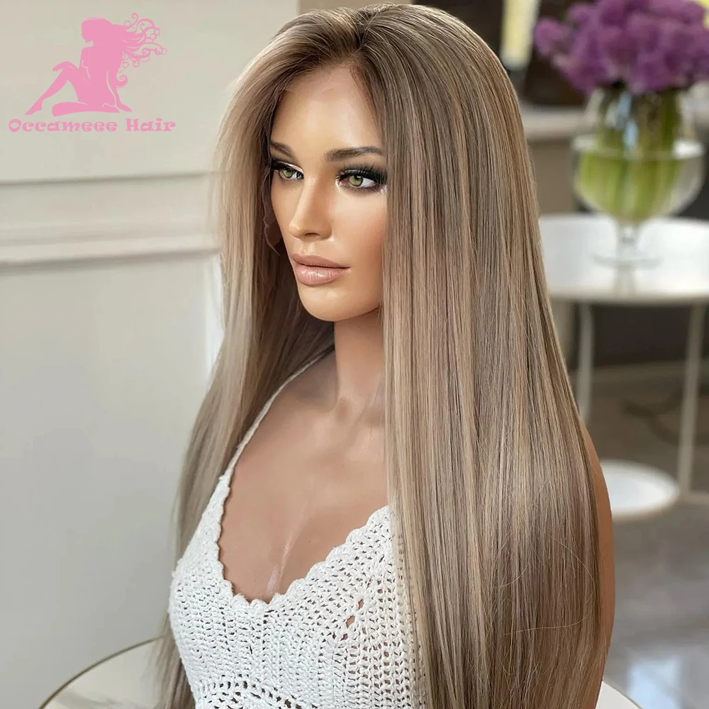 Human Hair Lace Frontal Wig Highlight Colored Human Hair Wigs 360 Ash Blonde Brown Roots HD Transparent Lace Natural Straight