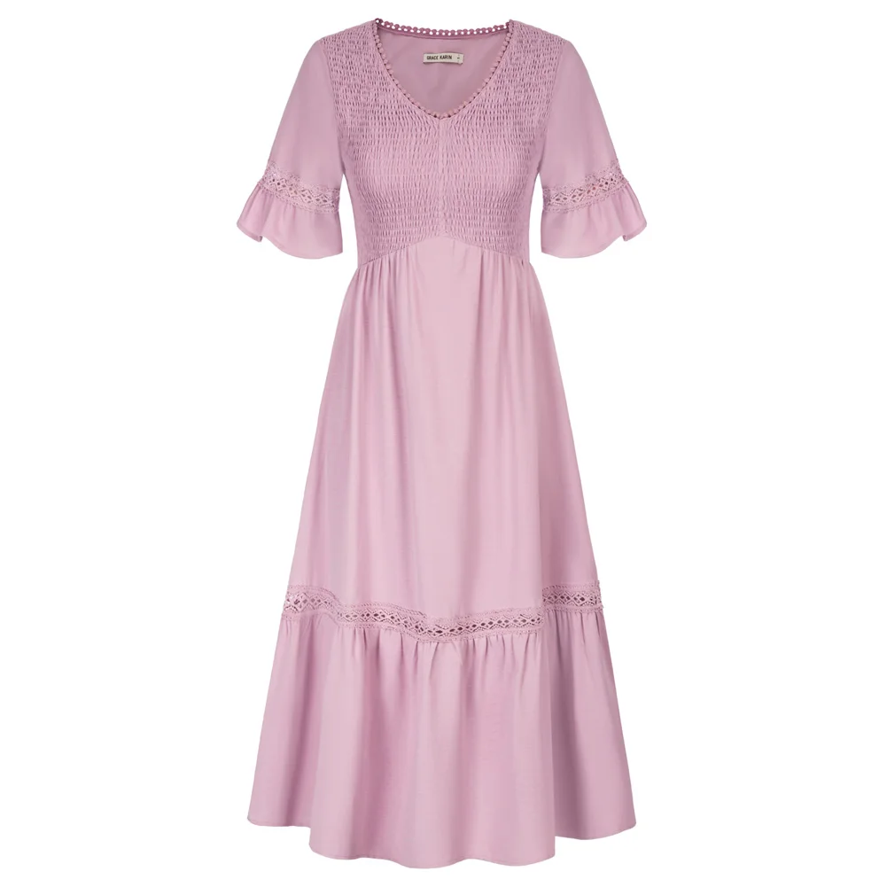 

Женское платье в стиле бохо GRACE KARIN, длинное Пляжное Платье макси с V-образным вырезом, коротким рукавом-фонариком, многоярусным поясом и оборками, 2023
