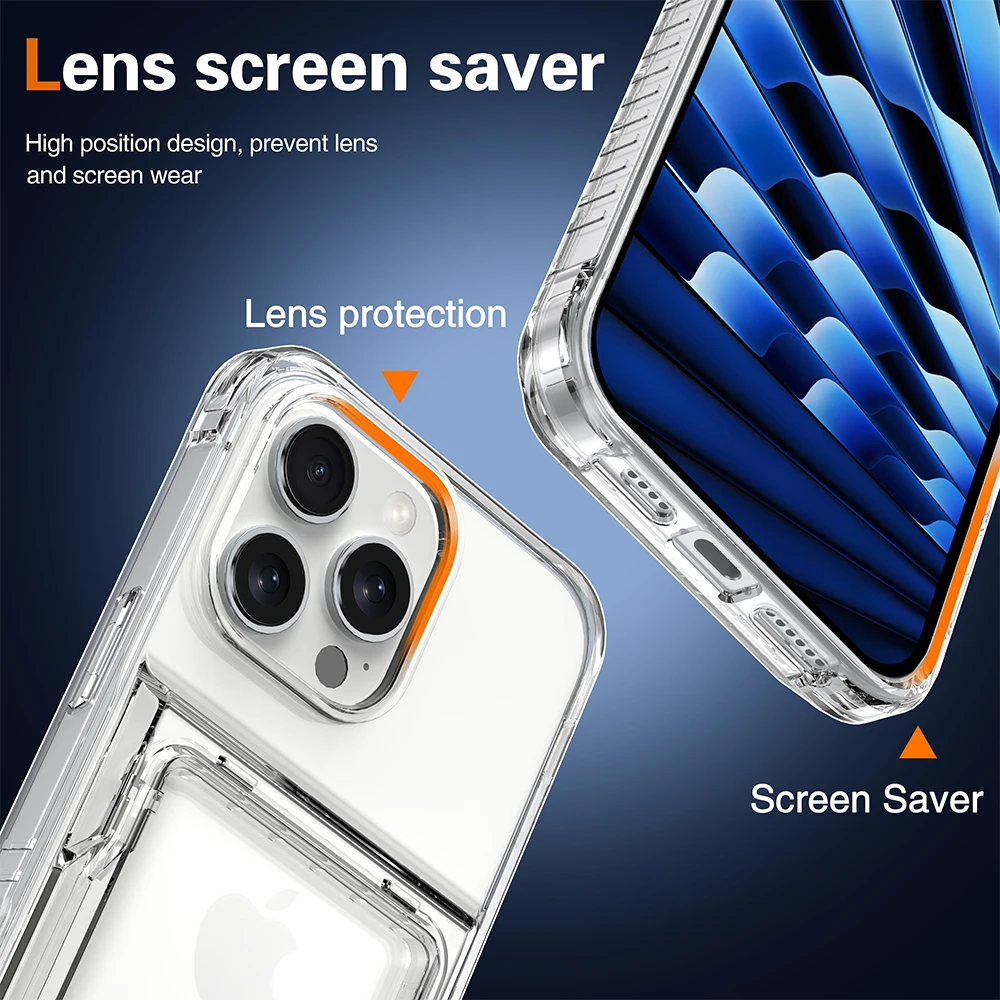 4 cards holder stand clear armor phone case for iPhone 16 15 14 13 12 11 Pro Max full camera shockproof bracket hard back cover
