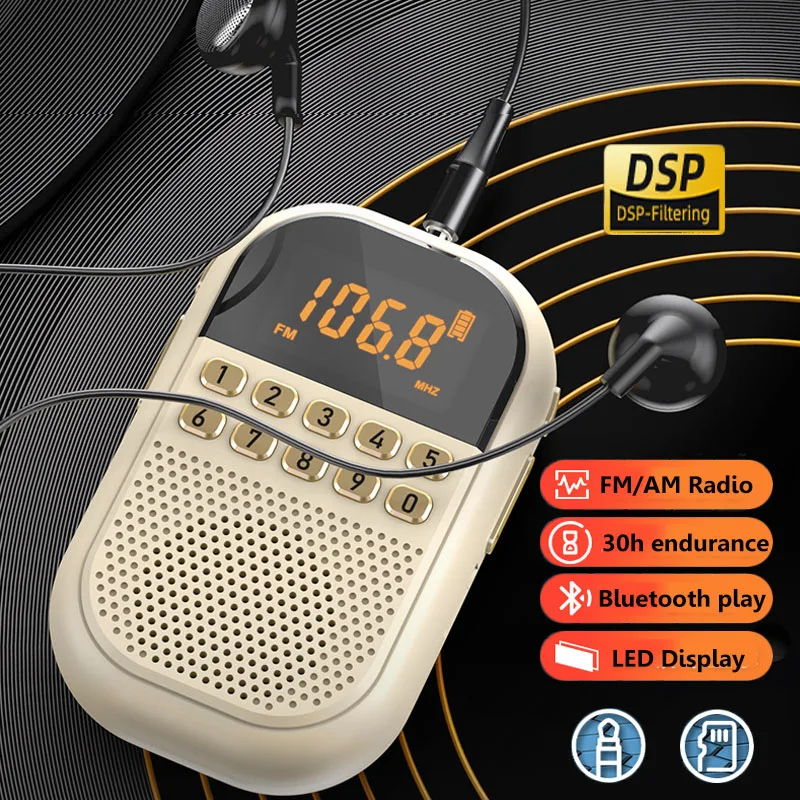 

﻿ Портативный маленький радиоприемник Mini FM AM DSP Радиоприемник Перезаряжаемый Bluetooth-динамик TF-карта 3,5 мм Гарнитура Воспроизведение отключения памяти