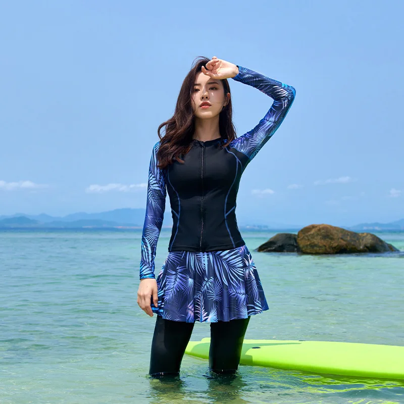3‑Pcs Women Rash Guard Swimsuit Print Long‑Sleeve Zip‑Up Top Swim Skirt Long Pants UPF50+ Surf Bathing Suit Beach Pool Swimwear