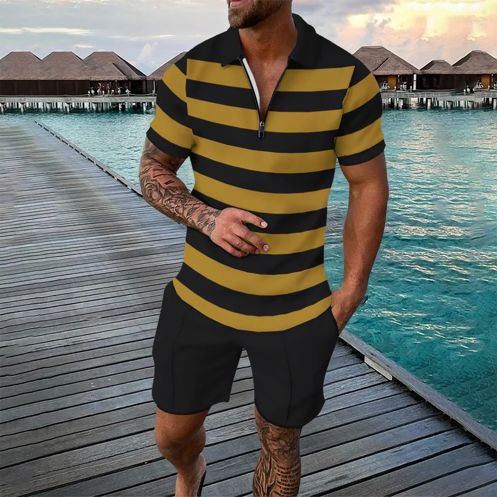 Men's Stripe Pattern Two Piece Sets Summer Casual Zipper Polo Shirt Shorts Outfits Fashion Daily Casual Breathable Oversize Suit
