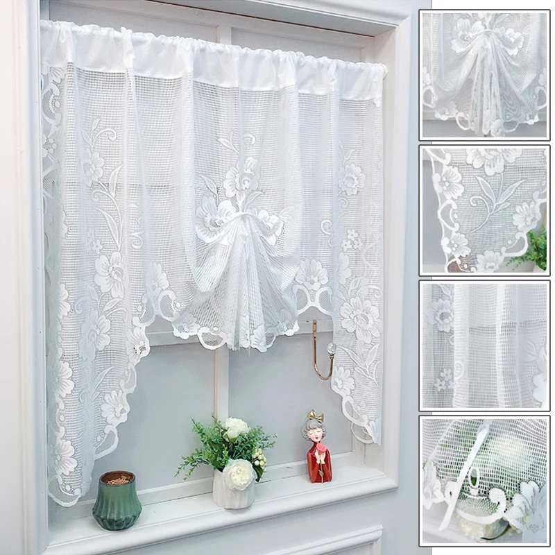 

White Rose Embroidered Lace Sheer Roman Short Curtains French Romantic Kitchen Small Window Half Curtain Rod Pocket Top Drapery