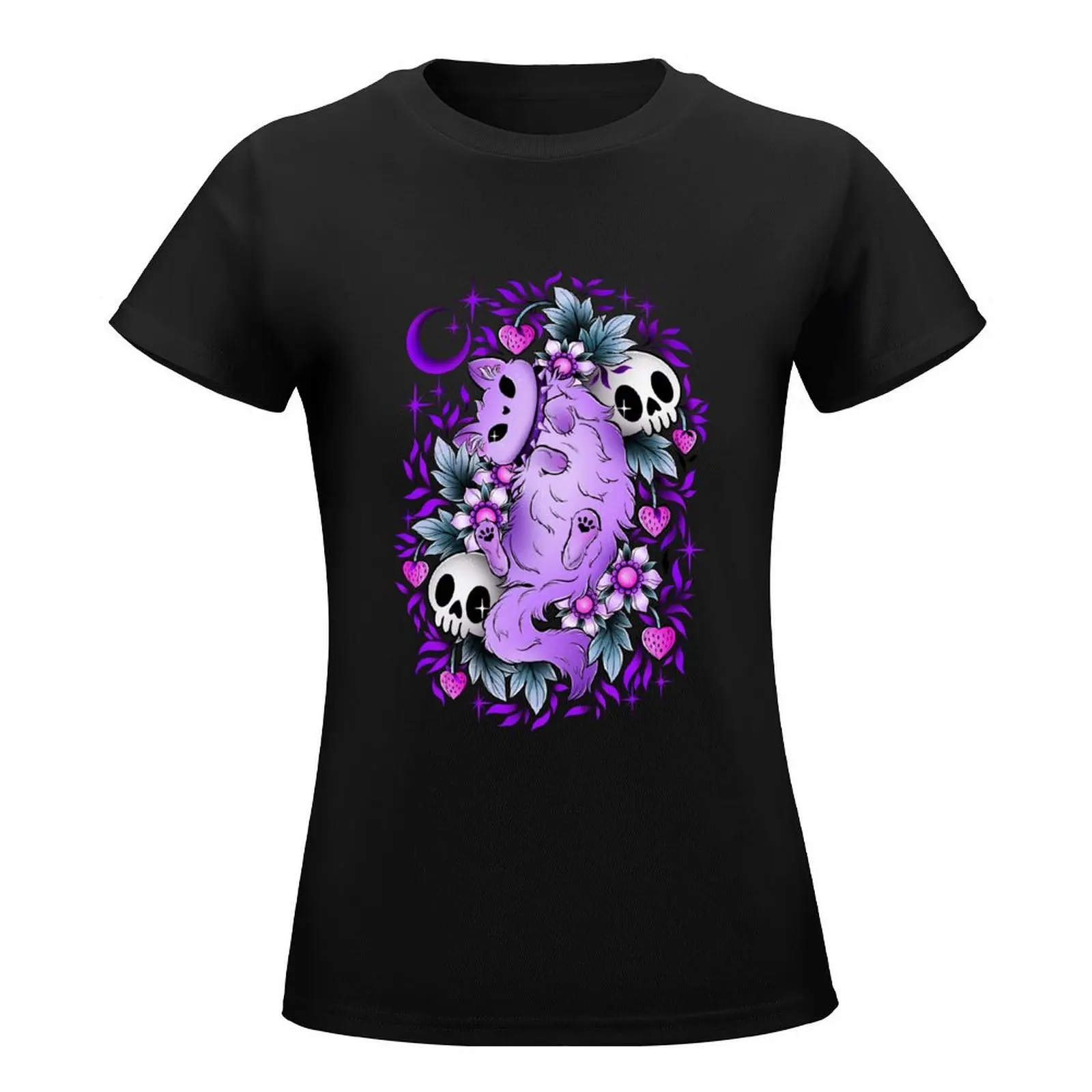 Pastel cat and skulls, purple leaves and black background T-Shirt plus size tops animal print graphics tshirts woman