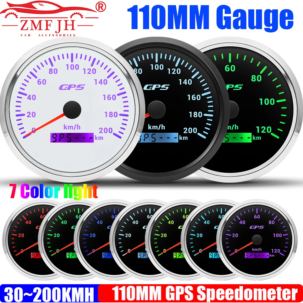

ZMFJH 110 мм GPS-спидометр с антенной, 7-цветная светодиодная указка 120 км/ч, 200 кмч, измеритель скорости пробега для морской лодки, автомобиля 12 В 24 В
