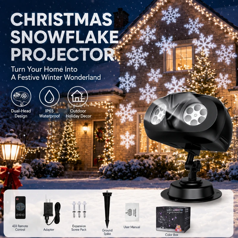 9W Christmas LED Snowflake Projection Lamp Remote‑Controlled IP65 Waterproof Yard Holiday Decor Light