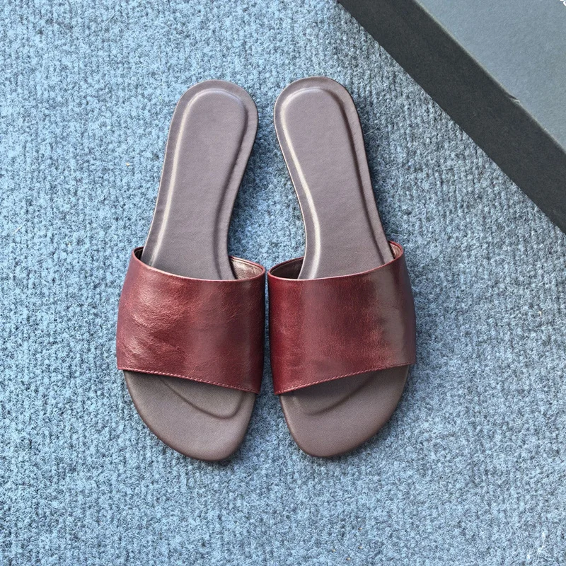 

Jenny&Dave Minimalist Slippers Women's Flat Shoes Slippers Summer Sandals French Fashion Ladies Lazy Retro Genuine Leather Shoes