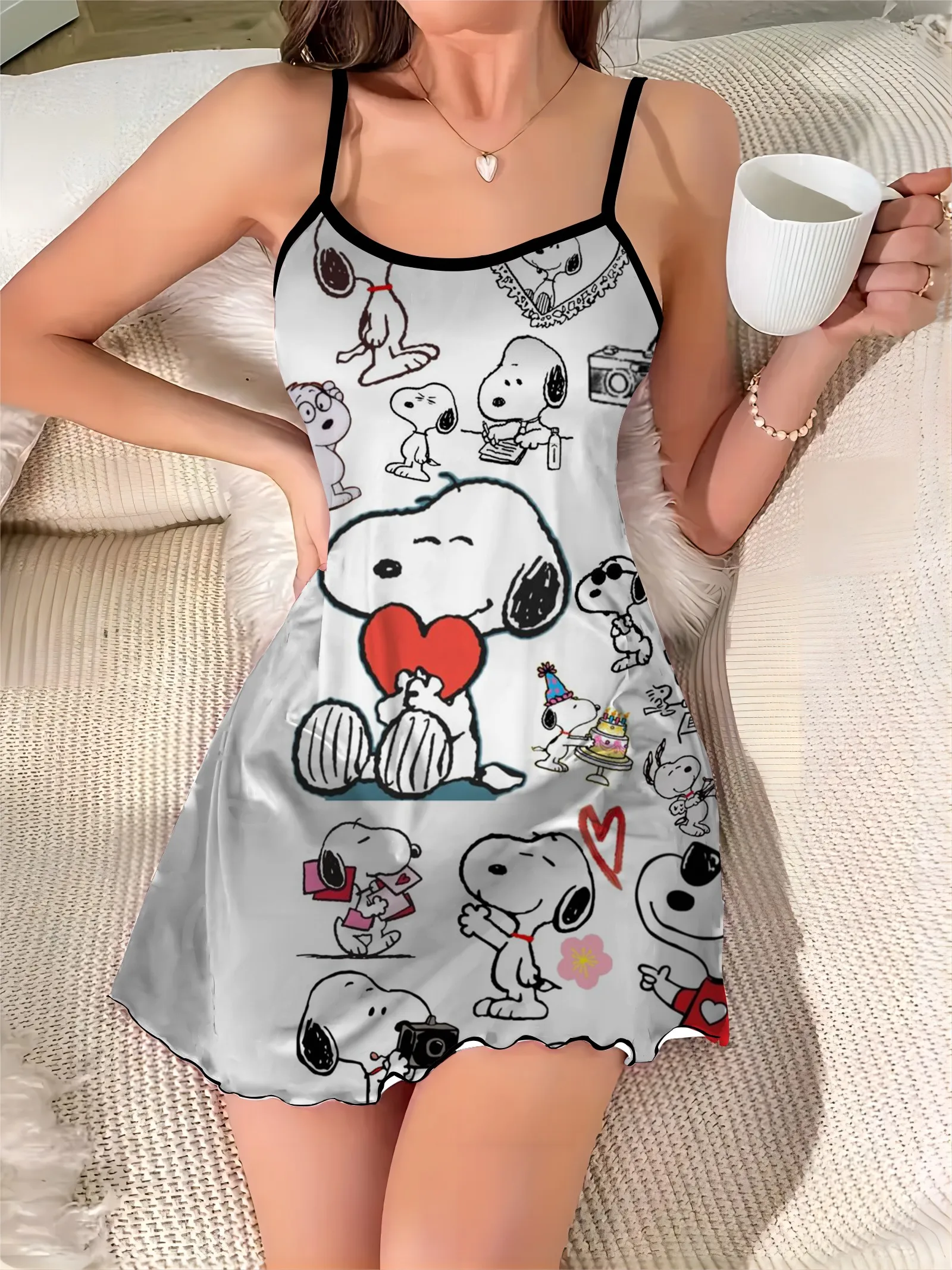 Snoopy Satin Surface Sexy Dress Elegant Dresses for Women Crew Neck Lettuce Trim Pajama Skirt Fashion Summer 2024 Chic Mini Trim