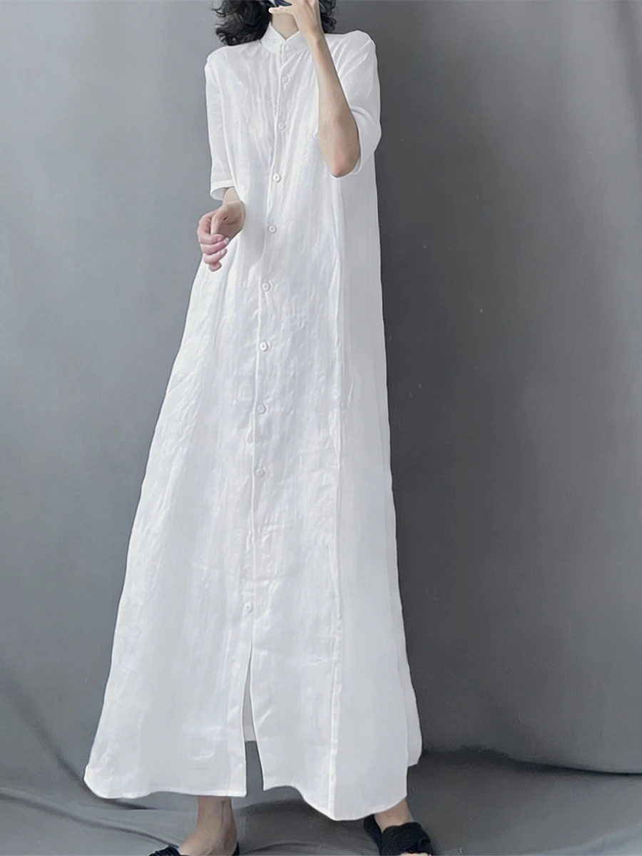 Vestido Longo de Linho Artístico com Gola Transparente e Tecido Leve para Mulheres, Moda Casual de Primavera e Outono