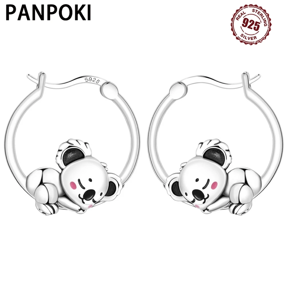 PANPOKI 925 Sterling Silver Earrings Cute Koala Animals Hoop Ear Studs Sparkling Earring Wedding Gifts Anniversary