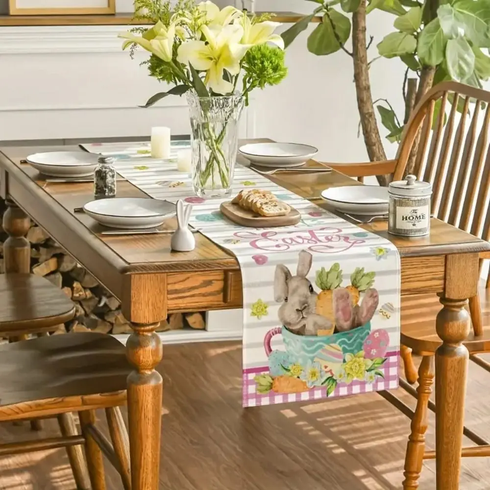 Light Luxury Easter Rabbit Table Runner Vintage Wash Free Linen Bunny Table Cloth Oil Proof Nordic Style Table Cover Table