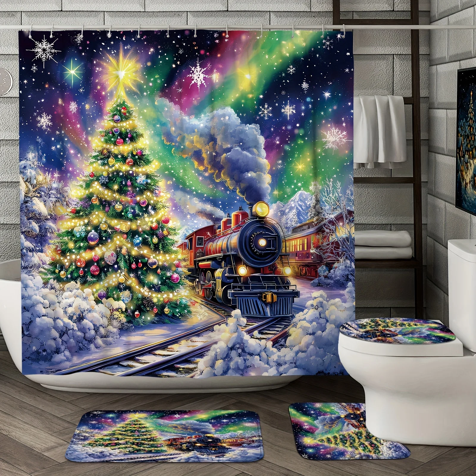 4Pcs Christmas Tree Snowflake Forest Shower Curtain Set,Green Winter Scene Polyester with 12 Hooks,Non-slip Mat & Toilet Lid Pad