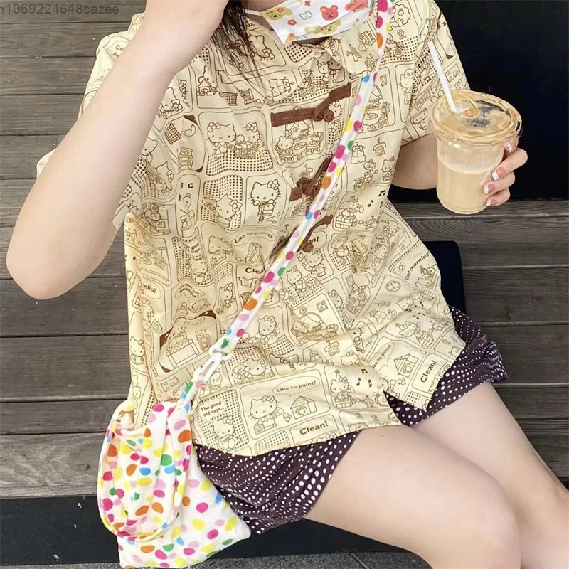 2022 Summer New Korean Style Salt Girl Blouse Versatile Design Sense Top Cute Cartoon Printed Button Up Shirt Y2k Tops For Women