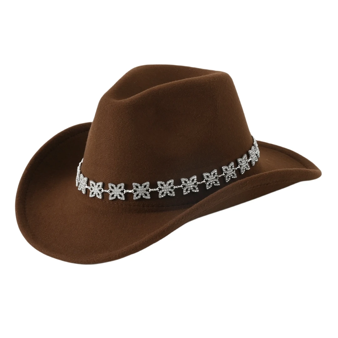 Rhinestone chain jazz hats for men and women, sun-shading western cowboy hats for summer outdoor travel, fashionable jazz hats