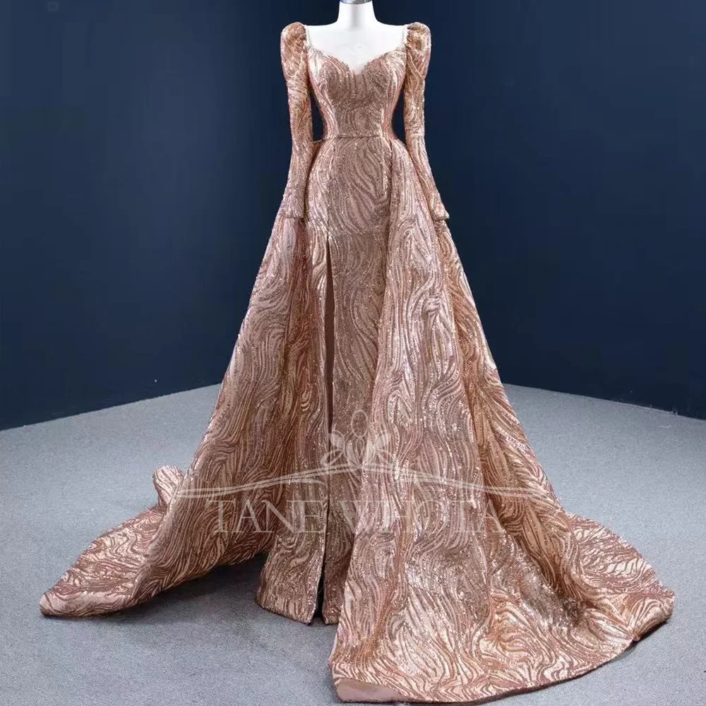 Sequined Crystal Women's Prom Luxury Dress Sweetheart Long Sleeve Lace Up Back Gold Evening Mermaid Customized