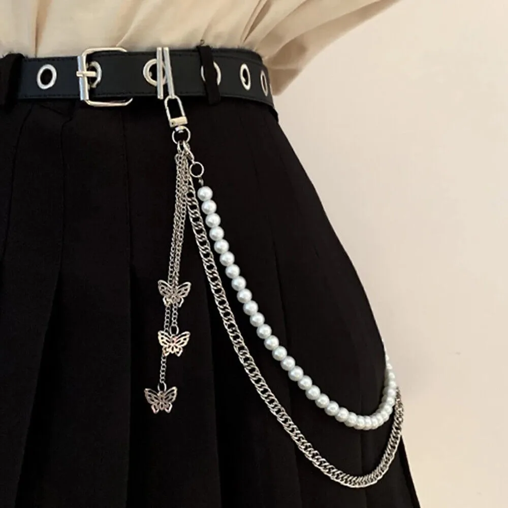 จี้ผีเสื้อสไตล์ฮิปฮอปโซ่โลหะสไตล์วินเทจกางเกงยีนส์สายโซ่หลายชั้นประดับไข่มุกเอว