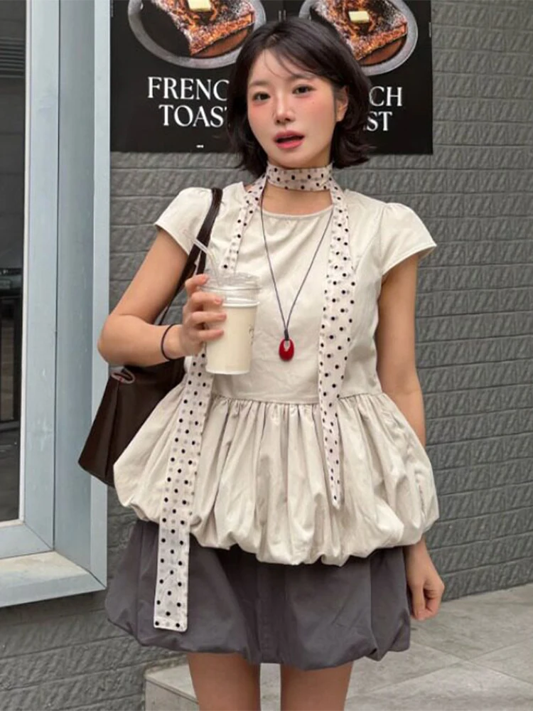 

Летняя новинка: женская хлопковая укороченная рубашка с эффектом похудения, рукавами-фонариками, пэчворком, приталенная, с цветочным узором и круглым вырезом