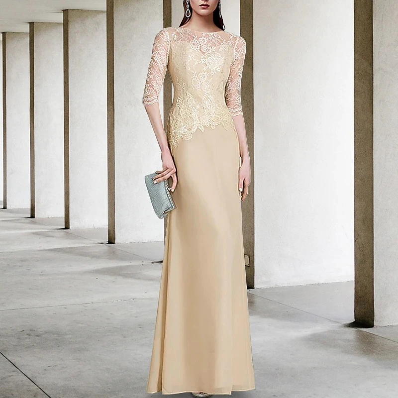 

Champagne A-Line Mother of the Bride Dress Jewel Floor Length Chiffon Lace Half Sleeve Guest Party Gowns Robe De Soiree