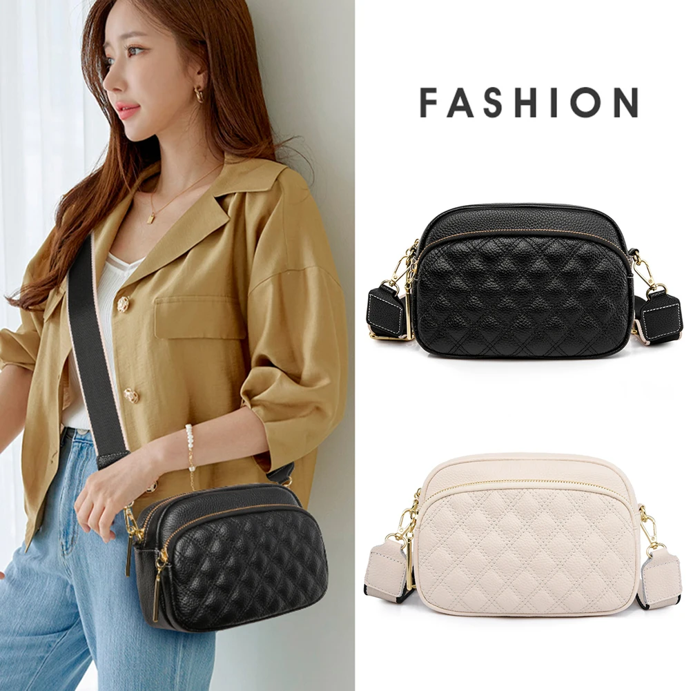

Cowhide Leather Messenger Handbag Multi-layer Pocket Camera Shoulder Bag Zipper Wide Strap Rhombus Pattern Solid Female Satchel