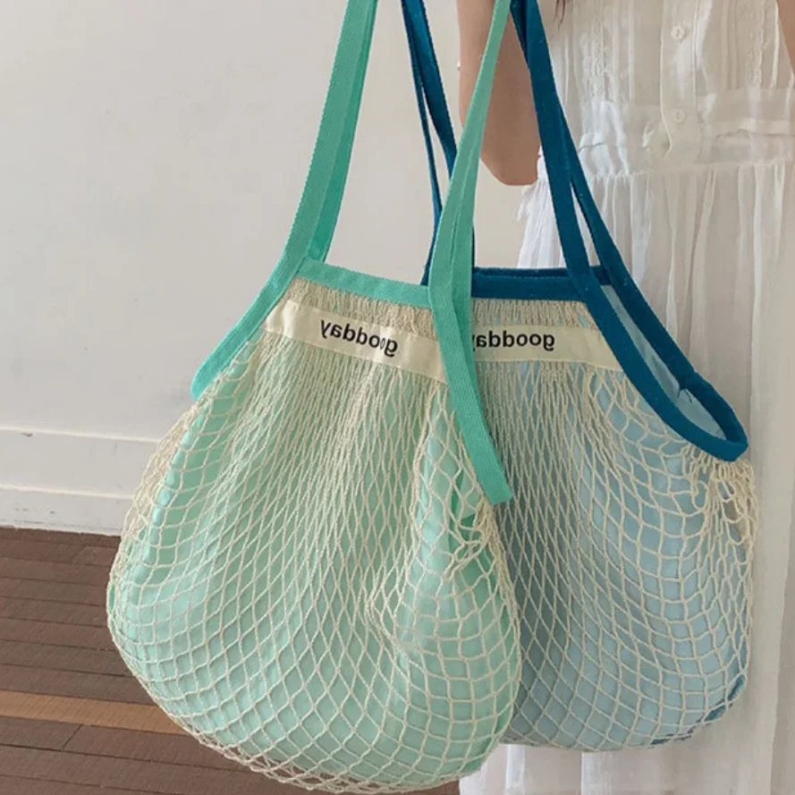 Dopamine-Boosting Spring Color Block Beach Bag Mesh Lattice Woven Basket Island Vacation Picnic Travel Single Shoulder Handbag T