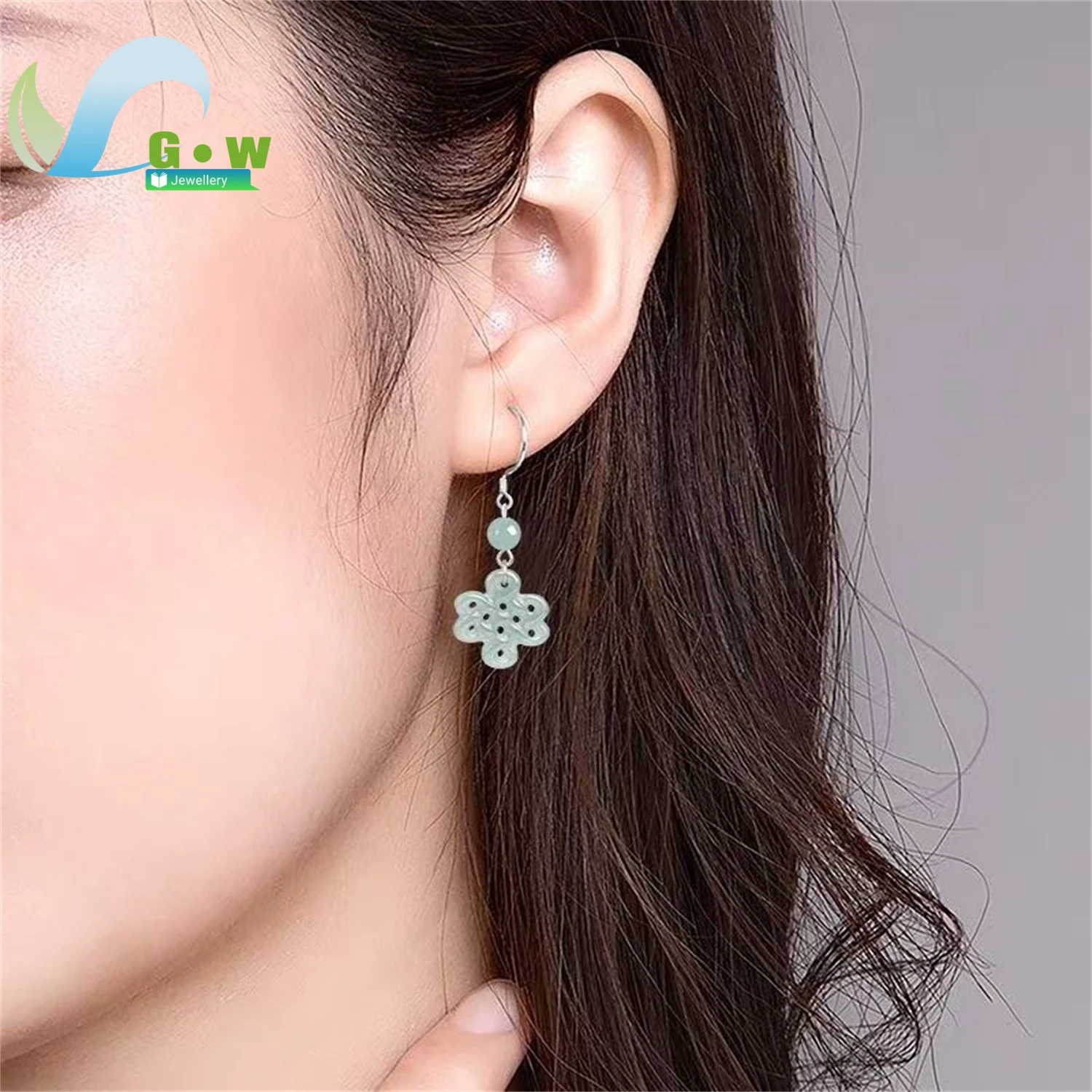Natural A Grade Jadeite Blue Water Chinese Knot Drop Earrings Icy Carved Ancient Style Women's Ethnic Style Jewelry Gift