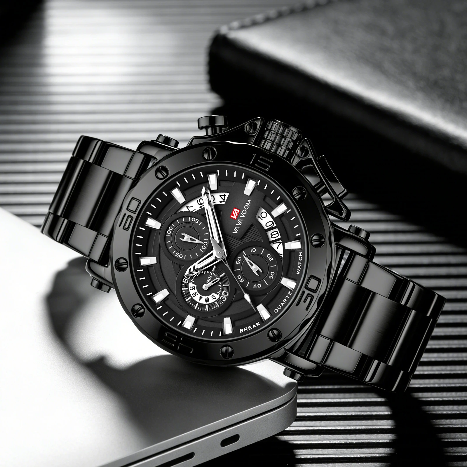 VA VA VOOM Chronograph Watch For Men Calendar Luminous Waterproof Man Clock Male Luxury Stainless Steel Men Quartz Watches Reloj
