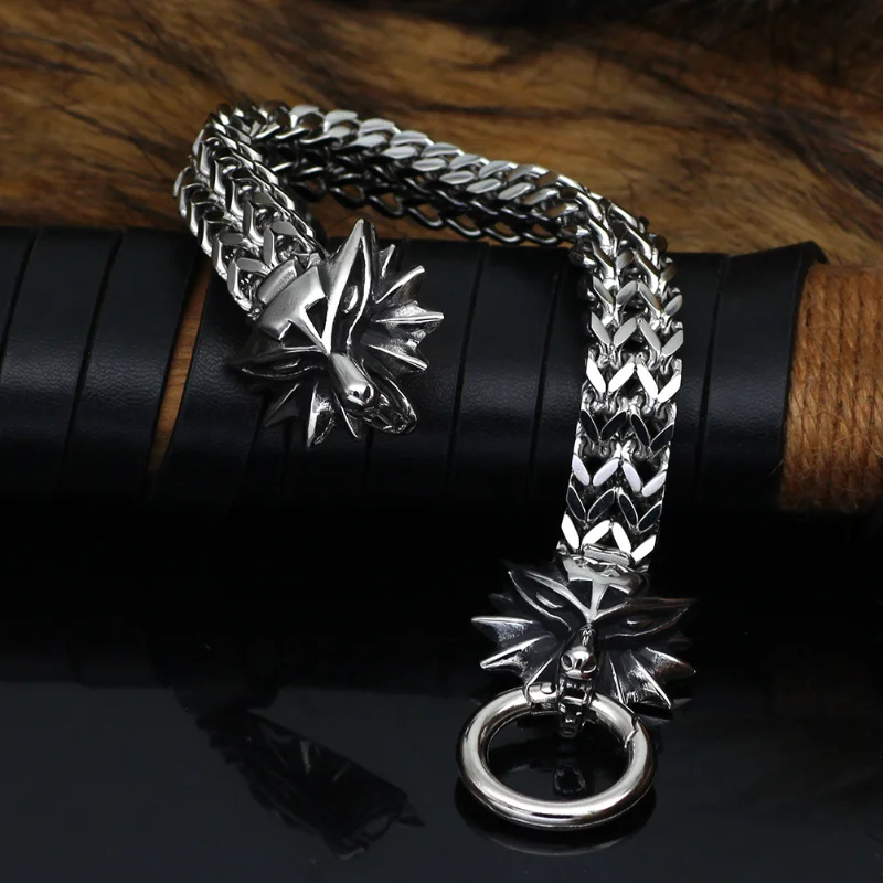 New Nordic Viking Wolf Head Charm Bracelet Stainless Steel Punk Chain Men's Jewelry Bracelet