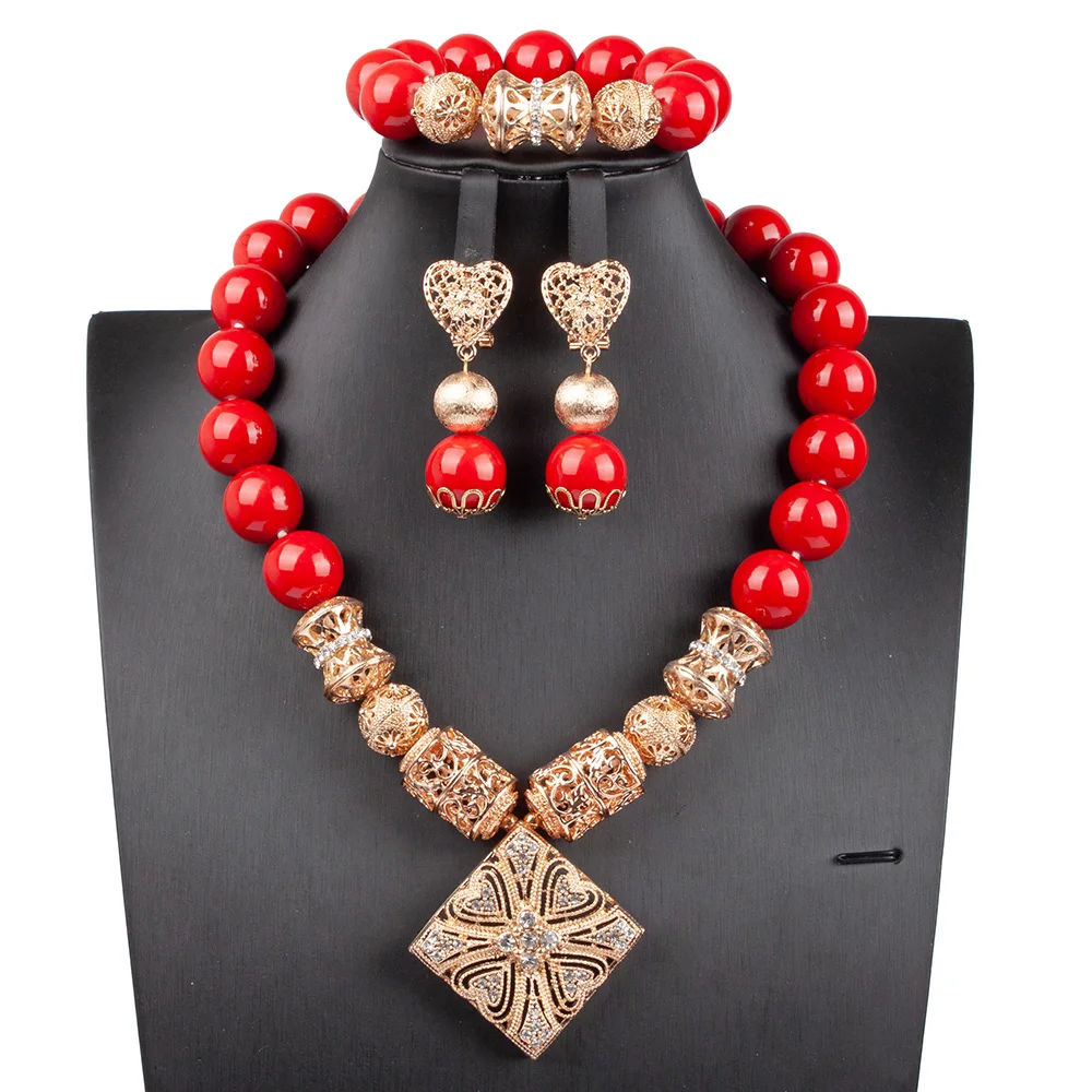 New Red Stones Bead Women Pendant Necklace Dubai Gold Wedding Jewelry Set African Bride Party Gift New Free Shipping ABG217