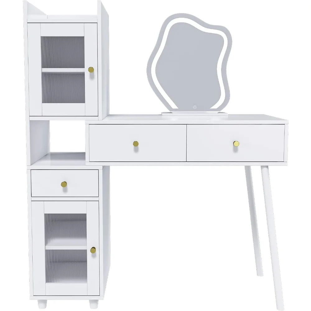 

White dressing table with LED illuminated mirror, 3 drawers, 2 shelves, 4 hidden storage cabinets