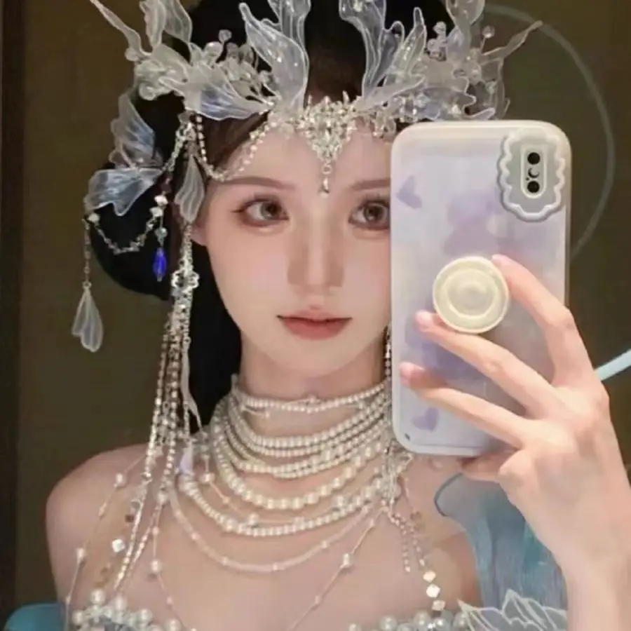 NiuShuya Exotic White Mermaid Princess Hair Crown Hanfu Ancient Forehead Decoration Super Fairy Bride Headdress