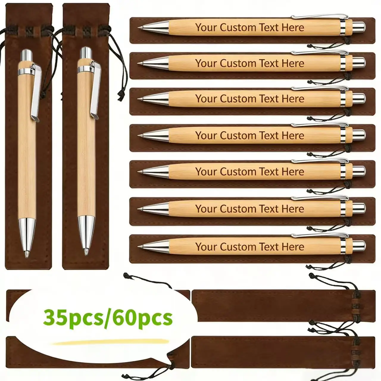 

35/60pcs Customizable Bamboo Ballpoint Pens Personalized Wooden Round Pens with Brown Pouches Elegant Wedding Engagement Gifts