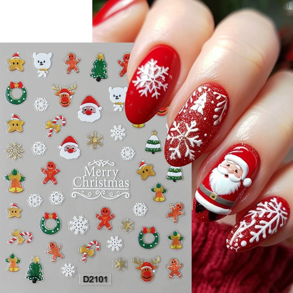 Pegatinas 3D para uñas de dibujos animados de Papá Noel, alce, copo de nieve, muñeco de nieve de Navidad, hombre de jengibre, calcomanías para uñas, deslizadores adhesivos para manicura DIY