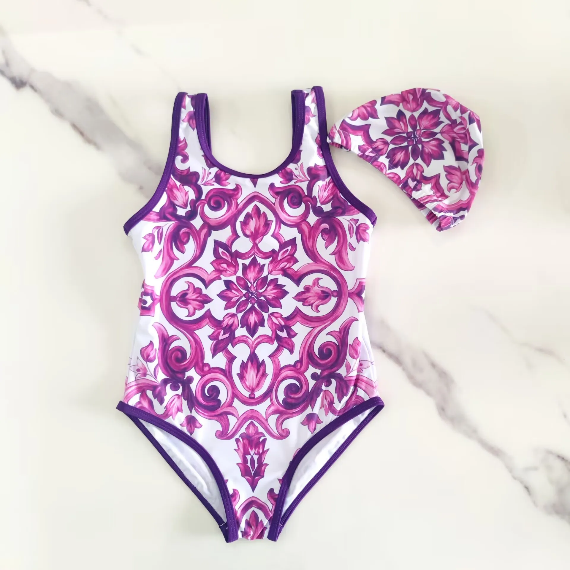 2026 Children Swimsuit Little Girls' Swimsuit Purple Flower Printed Bodysuit Hot Spring One-Piece Quick Dry Swimsuit