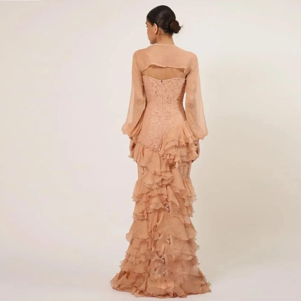 Robes de soirée sirène à volants personnalisées avec veste, bretelles Spaghetti, haut en dentelle, robe formelle à plusieurs niveaux en mousseline de soie