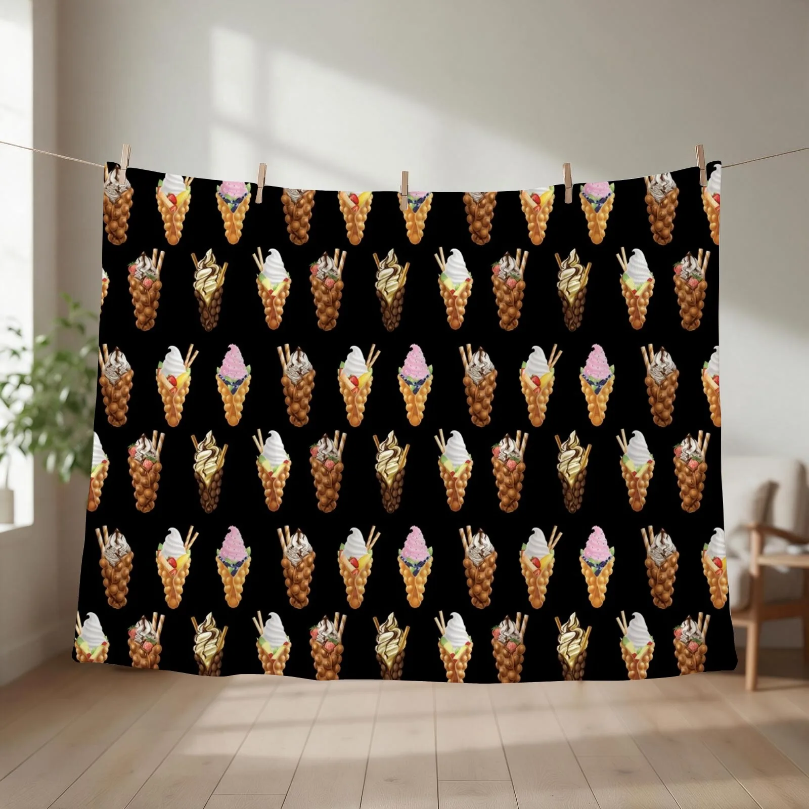Assorted Flavors Of Egg Bubble Waffle With Ice Cream Throw Blanket couch cozy soft plush fuzzy picnic outdoor blanket