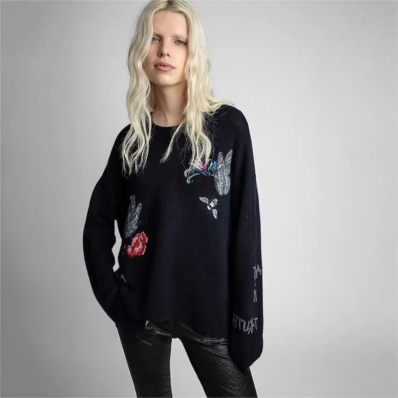 

Zadig Cashmere Sweaters Women Loose Chic O-Neck Pullover Top Female Fashion Alphabet Embroidery Butterfly Flower Loosen Sweaters