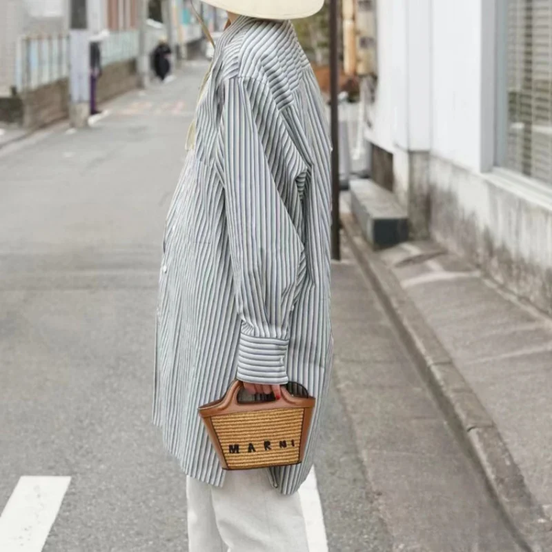 22cm 2024 New Marni Embroidered Woven Straw Bag Niche Bucket Tote Bag Fashion Trend Shoulder Slung Handbag Christmas Presents