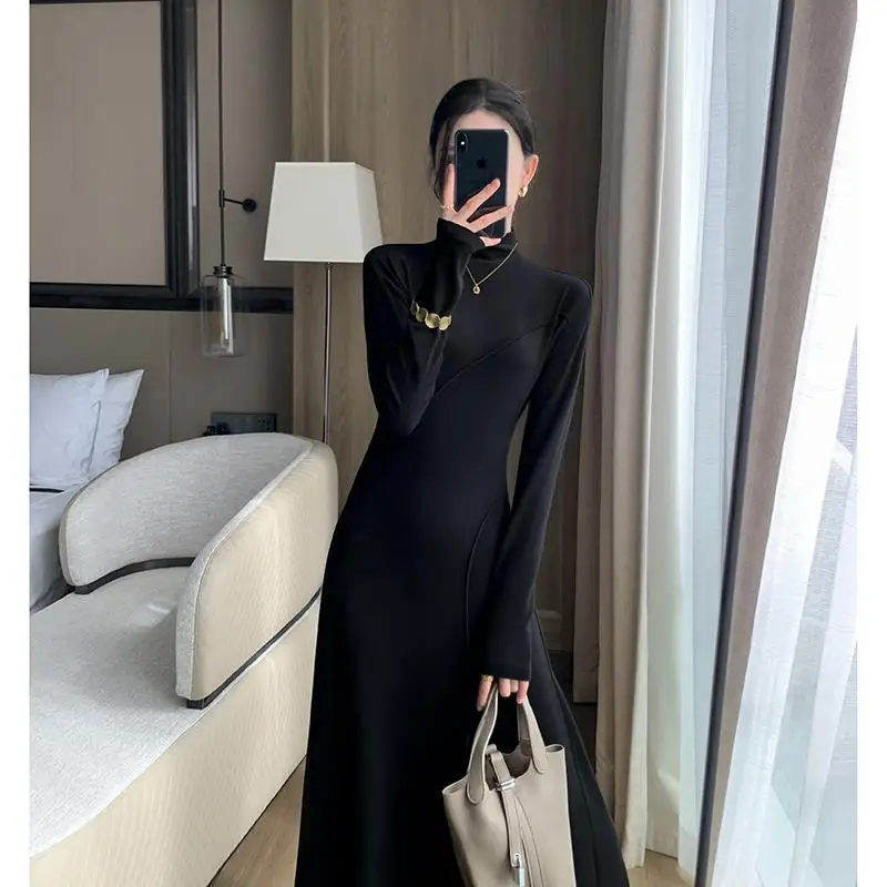 Black Dresses Women Trendy Autumn Winter Half-Turtle Collar Long Dress Slim Fit Drapey Inner Bottoming Clothing Solid High Waist