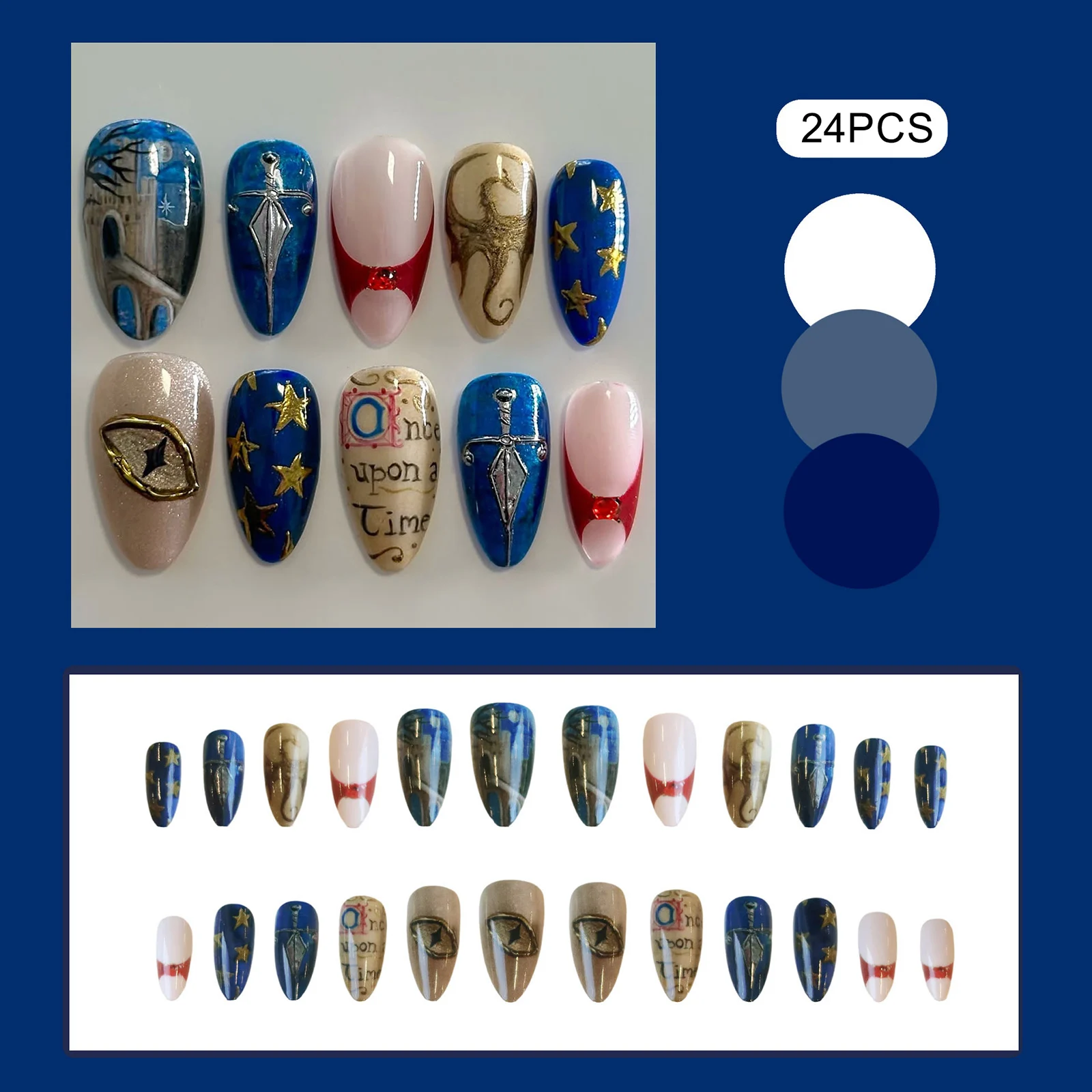 24pcs European Vintage Style False Nails Starry Night Castle Blue Dragon Wing Beasts Eye Pattern Press On Nails Almond Fake Nail - view 2