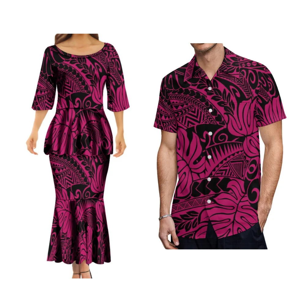 

Custom Samoan Print Couple Matching Clothes Polynesian Puletasi Pleated Fishtail Skirt Slim-Fit Maxi Dress Hawaiian Men'S Shirt