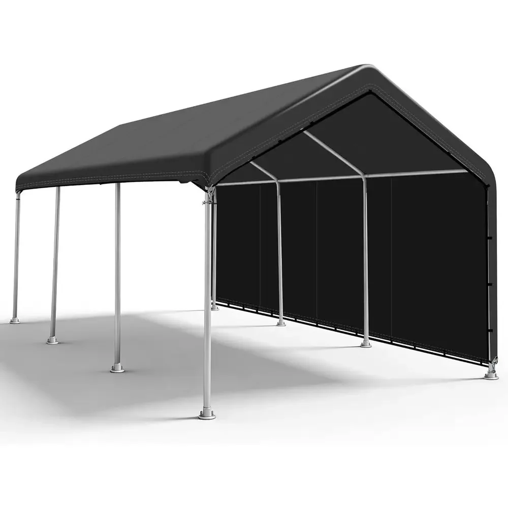 10x20ft Durable Carport Cover with Sidewalls, 500D Waterproof and UV-Protected Heavy-Duty Top Tent Tarp, Easy Setup, Black