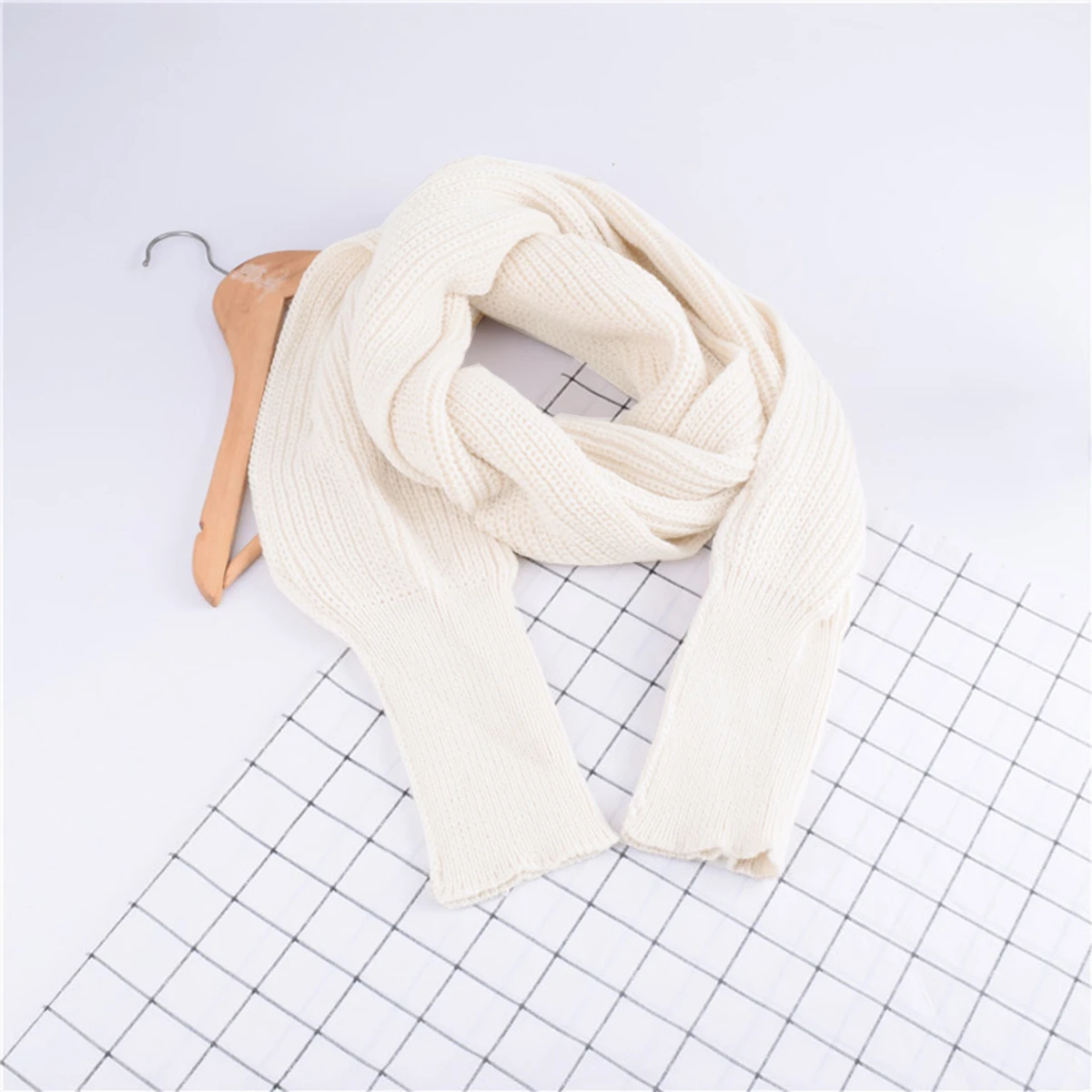 Woman Knitted Shawl Scarf With Long Sleeve Autumn Winter Outdoor Warm Soft Windproof Hollow Out Crop Top Shawl Scarf 210*33cm