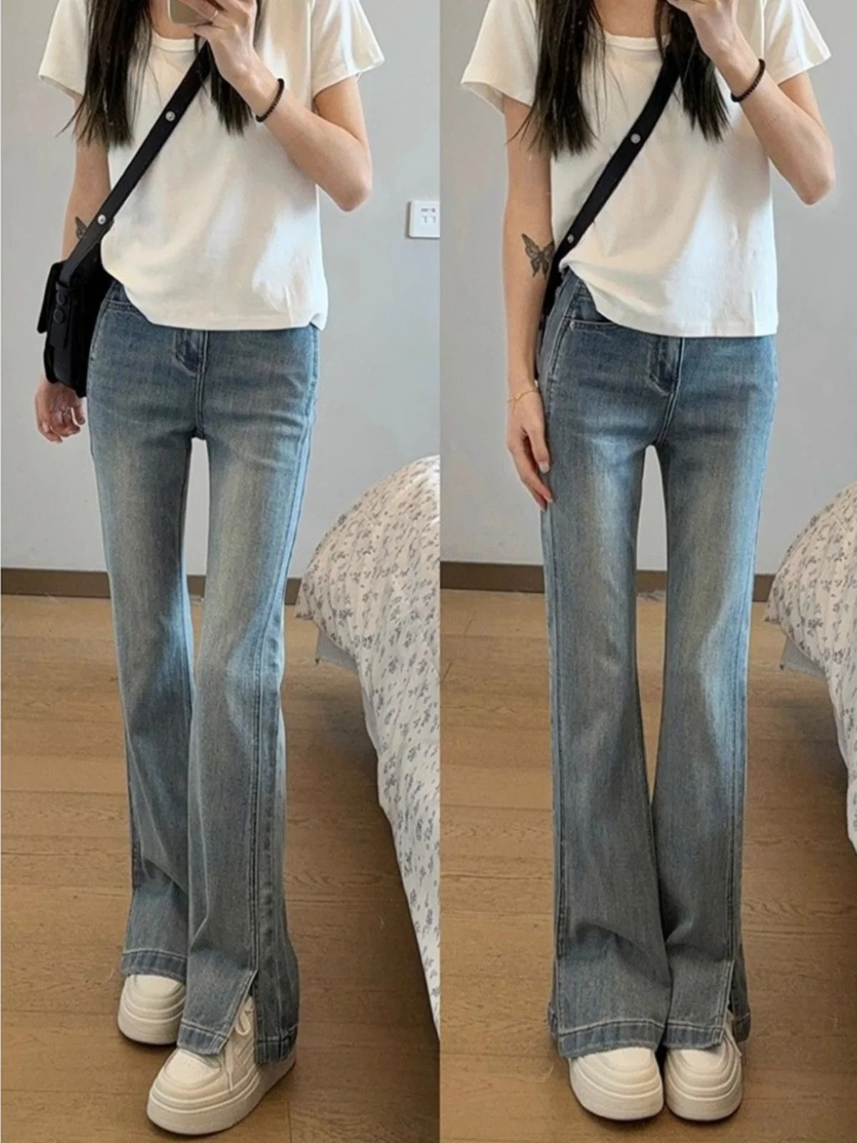 

Женские джинсы с высокой талией, расклешенные, на флисовой подкладке, с разрезами, утягивающие, прямые, длиной до щиколотки, буткат, в пол