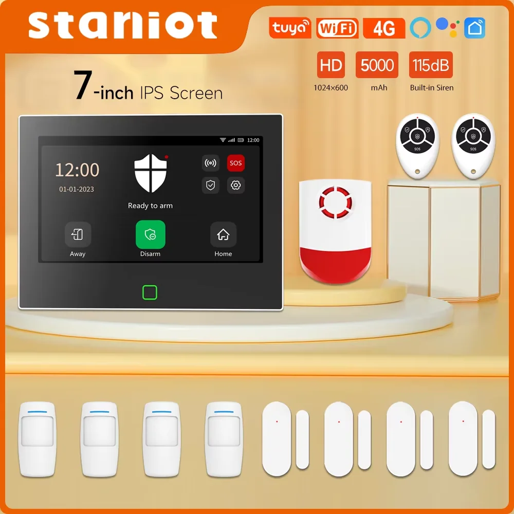 

Staniot 7 дюймов домашняя сигнализация беспроводная WiFi 4G Tuya Smart Security Protection Kit встроенный 115 дБ громче сирена 5000mAh аккумулятор